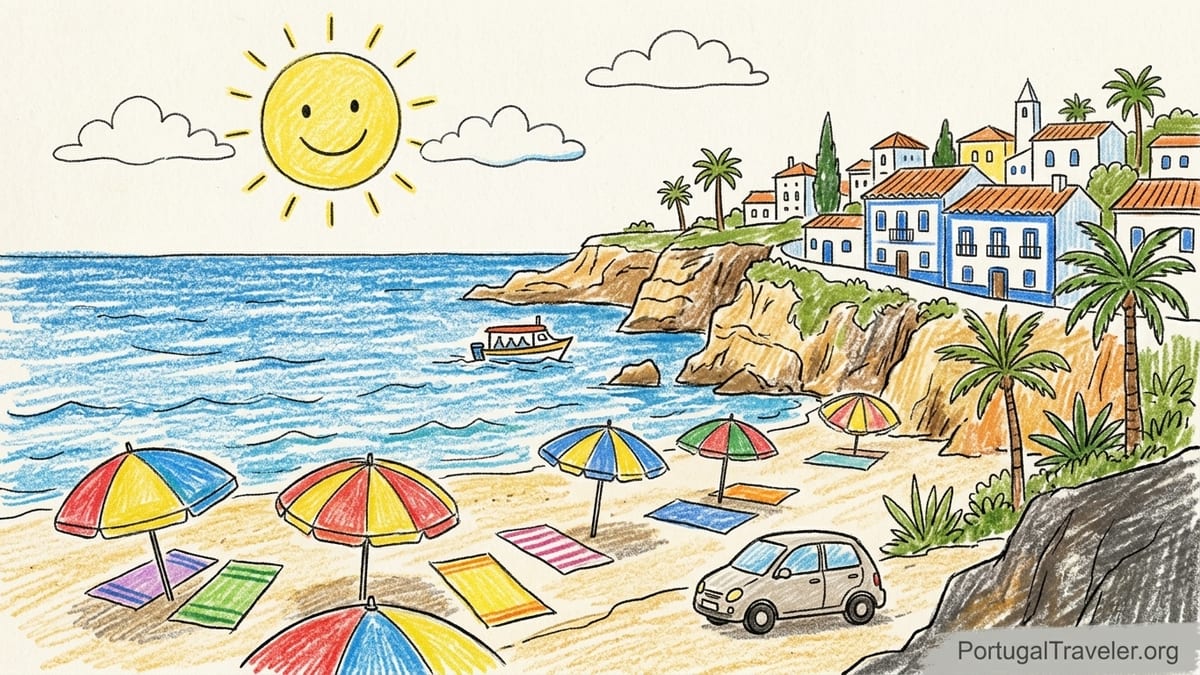 Shoulder-season Algarve beach with cliffs, loungers, beach bar and boat tour at sunset