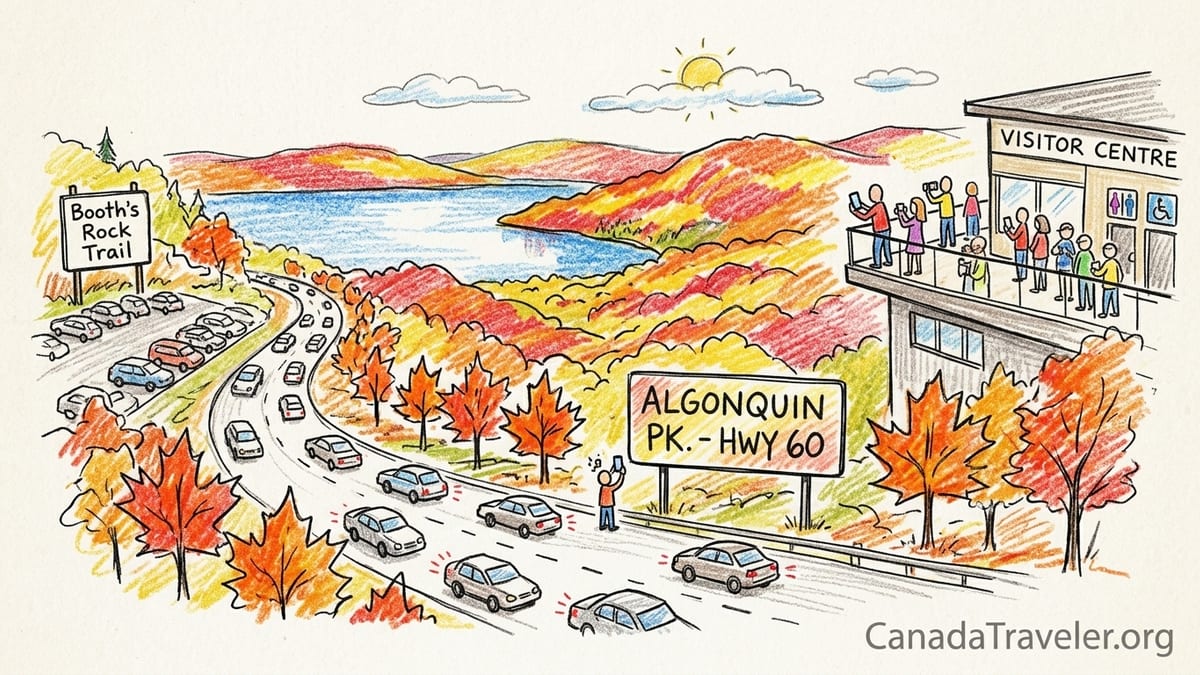 Cars queue on Highway 60 as hikers enter a busy Algonquin trailhead amid peak autumn foliage.