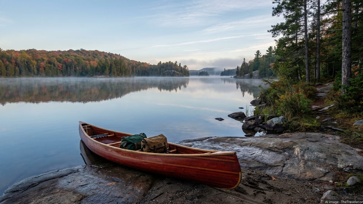 Red canoe on a misty Algonquin lake at dawn with forested hills in early autumn.