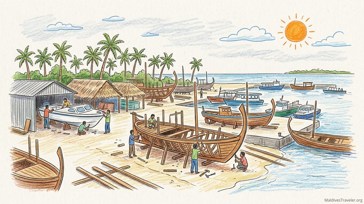 Working dhoni boatyard on Alifushi Island with wooden and fiberglass hulls under construction beside the lagoon.
