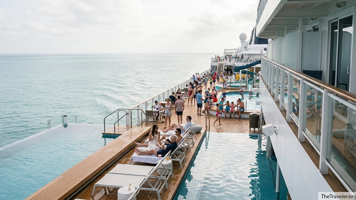 Cruise ship deck with luxury pool and relaxed family area overlooking a calm sea.