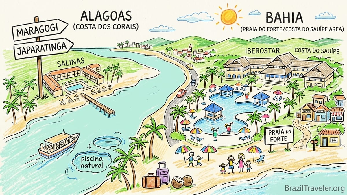 Aerial view of an all-inclusive beachfront resort in Northeast Brazil at sunset