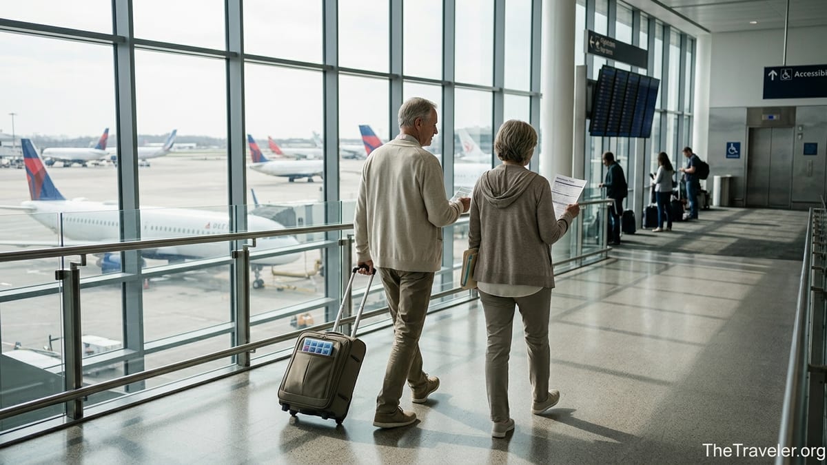 Older couple with medical documents walking through a bright airport terminal toward large windows and planes.