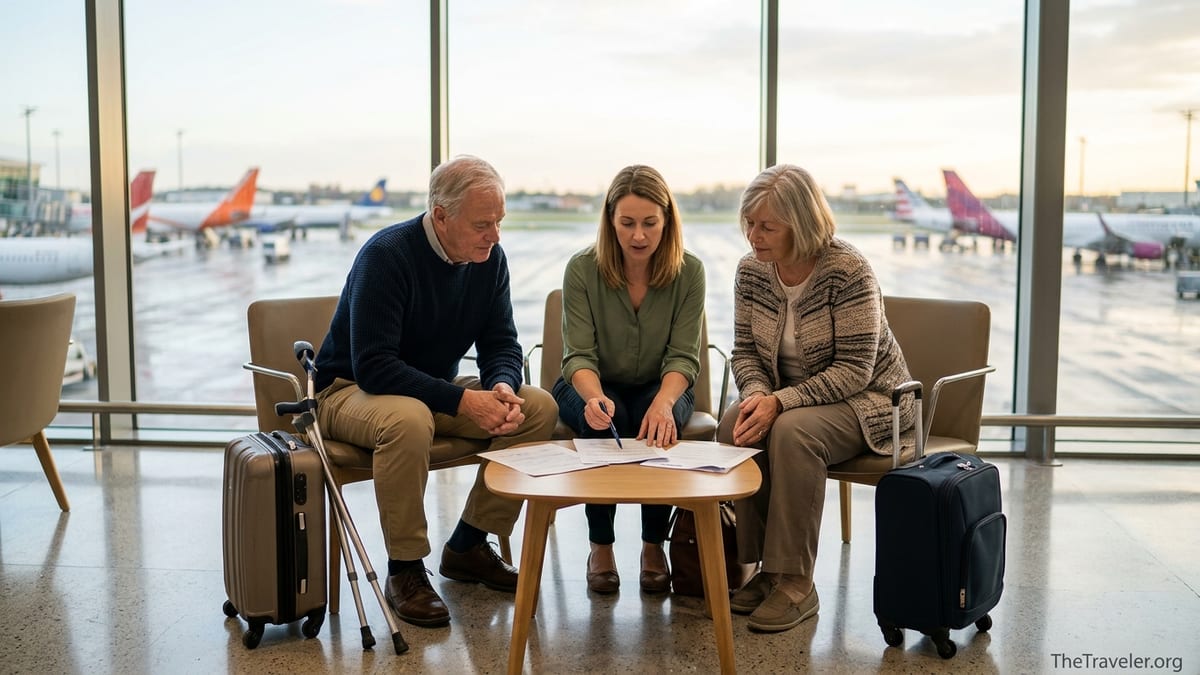 Older couple and adult daughter review travel insurance documents in an airport lounge.