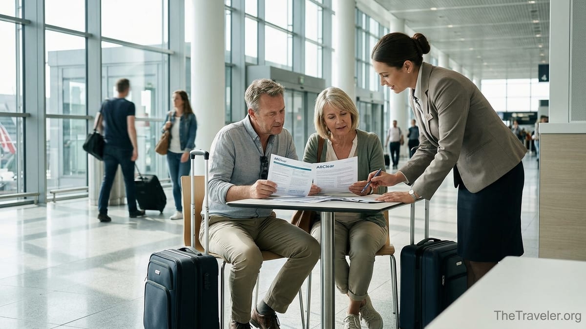 Couple in an airport reviewing travel insurance documents with a staff member.