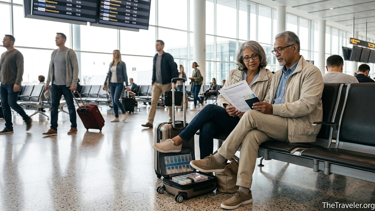 Older couple at an airport reviewing travel insurance papers beside a carry-on with medications visible.