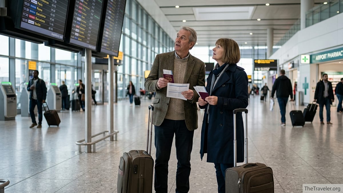 Older couple at airport departures board reviewing travel insurance documents.