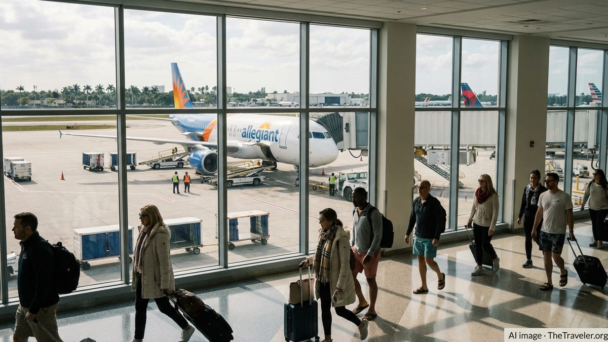 Allegiant Air jet at a Fort Lauderdale gate viewed through airport windows with travelers walking past.