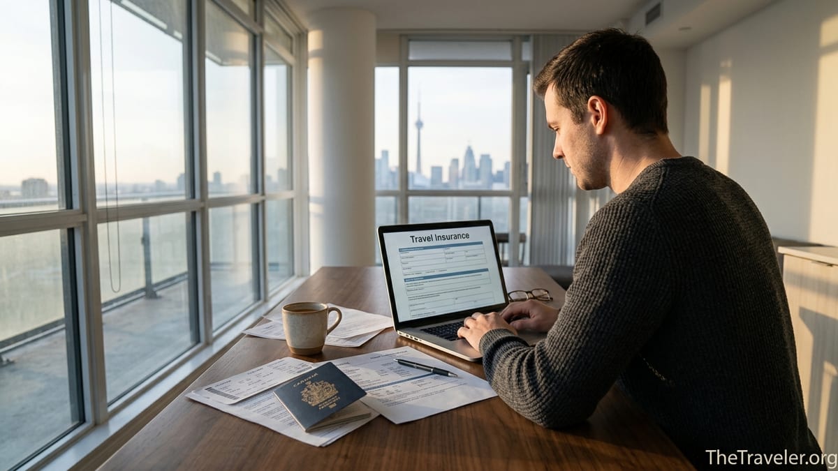 Canadian traveler reviewing Allianz travel insurance documents at home with passport and laptop.