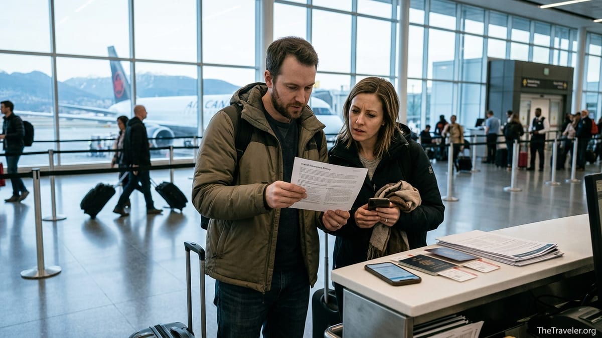 Canadian couple reviewing travel insurance documents at an airport check in area.