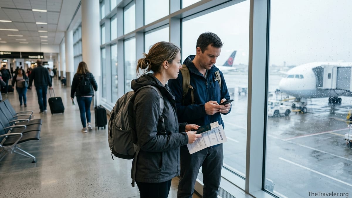 Canadian couple reviewing travel insurance documents by an airport window before an international flight.