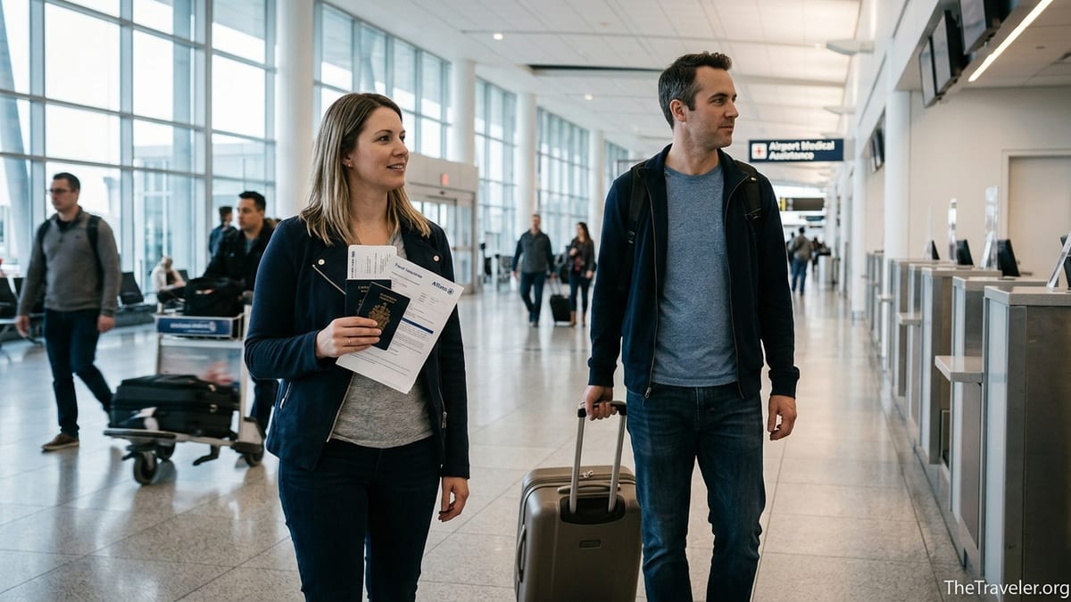 Canadian travellers holding documents at an airport, reviewing travel insurance before an international flight.