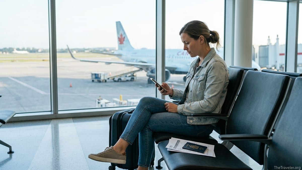 Traveler at a Canadian airport gate reviewing travel insurance documents before boarding.