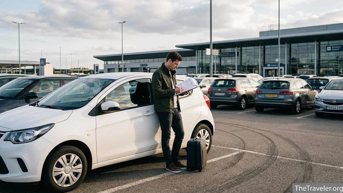 Traveler reading rental car insurance papers beside a compact car at a European airport lot.