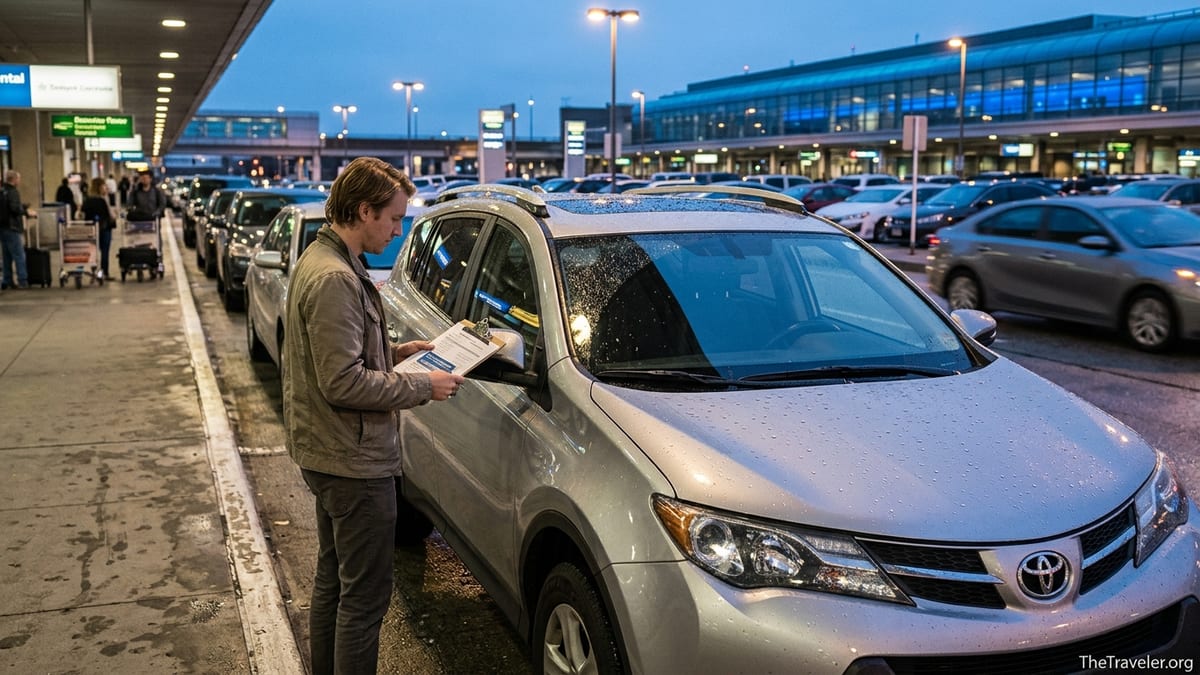 Traveler standing beside a rental SUV at airport return lane reviewing insurance paperwork