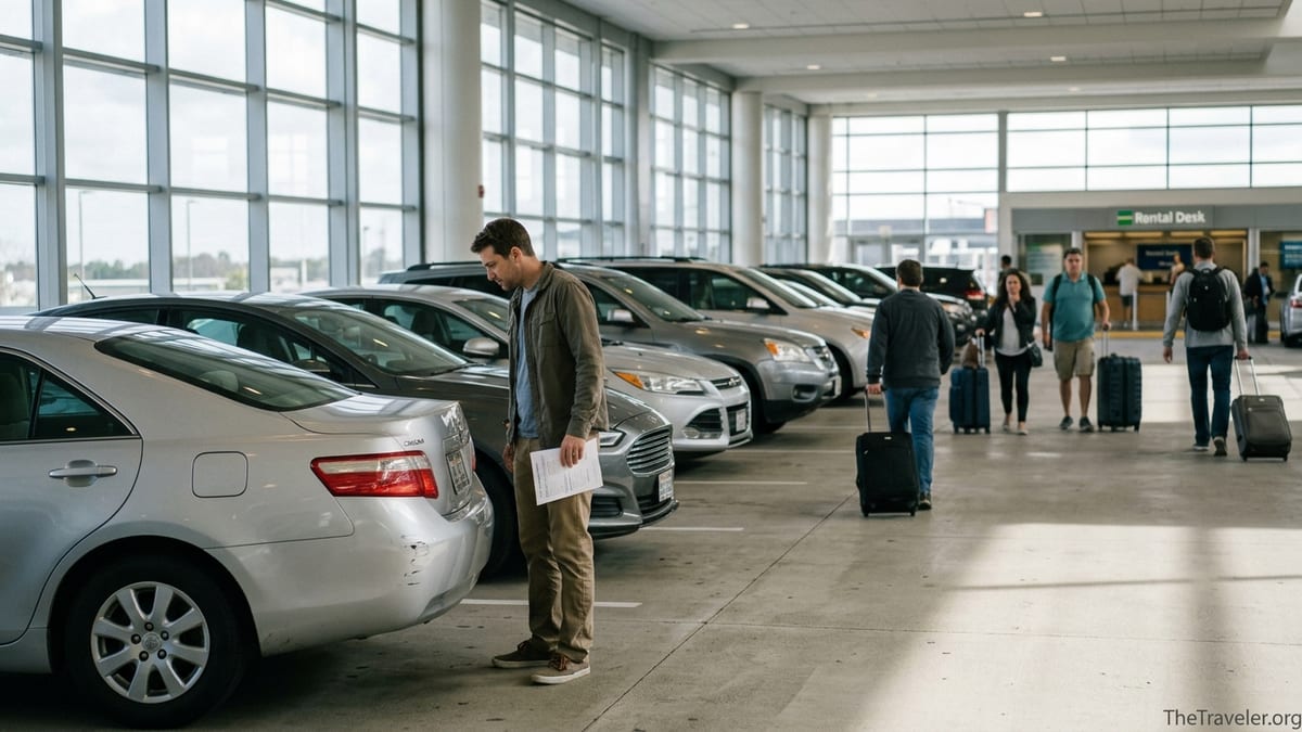 Traveler reviewing rental car insurance papers beside a car at an airport rental center.