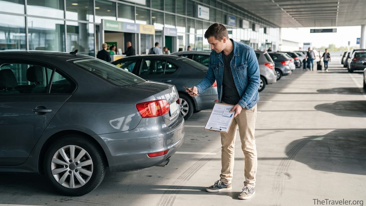 Traveler reading Allianz rental car insurance papers beside a rental car at an airport lot.