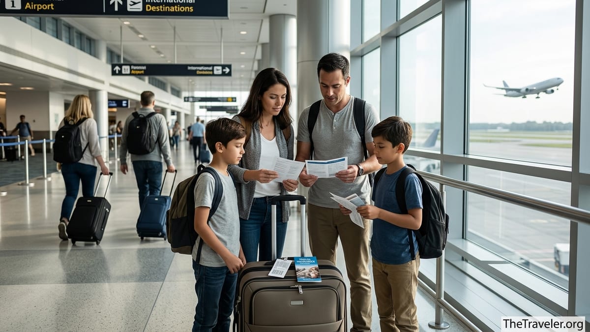 Family reviewing travel insurance documents in a bright international airport terminal.