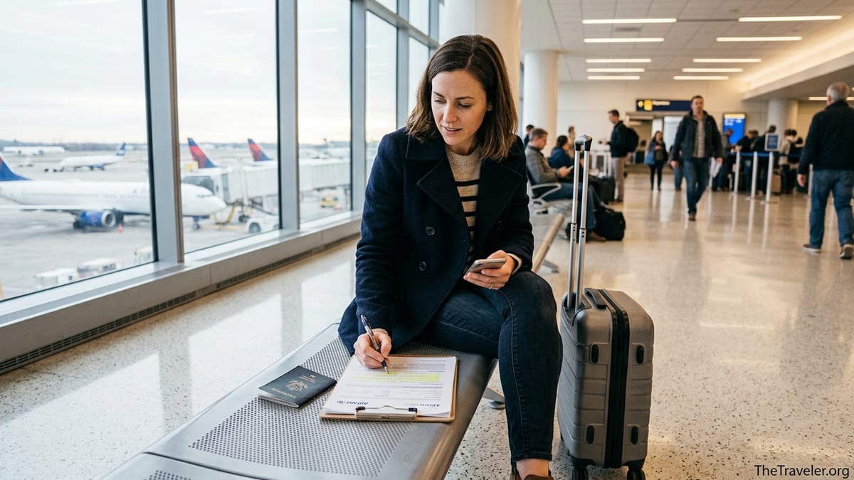 Traveler reviewing Allianz travel insurance documents at an airport gate.