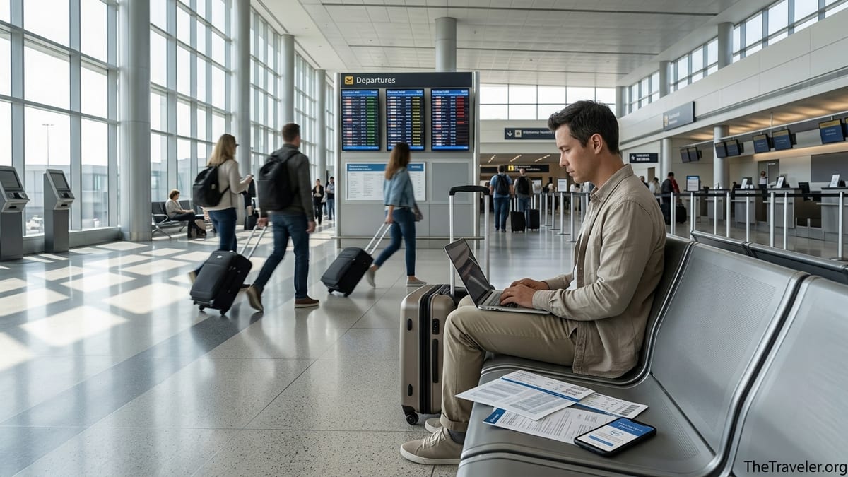 Traveler reviewing documents and insurance on a laptop in a busy airport terminal.