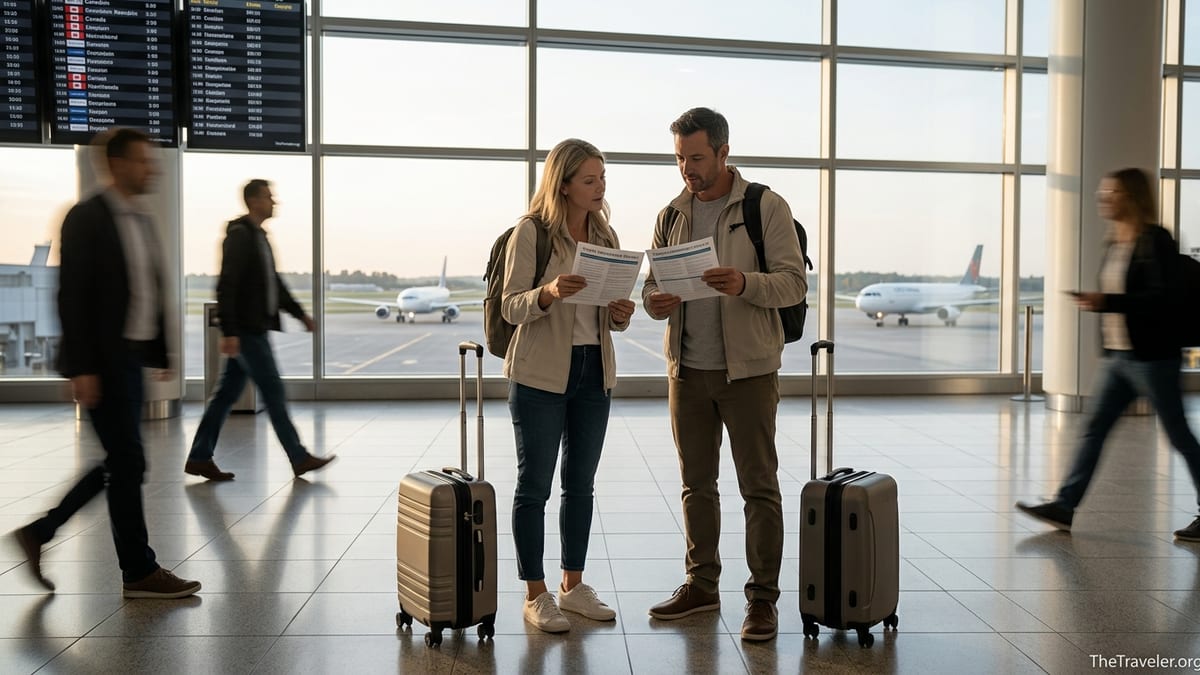 Canadian couple at an airport comparing two travel insurance documents before a flight.