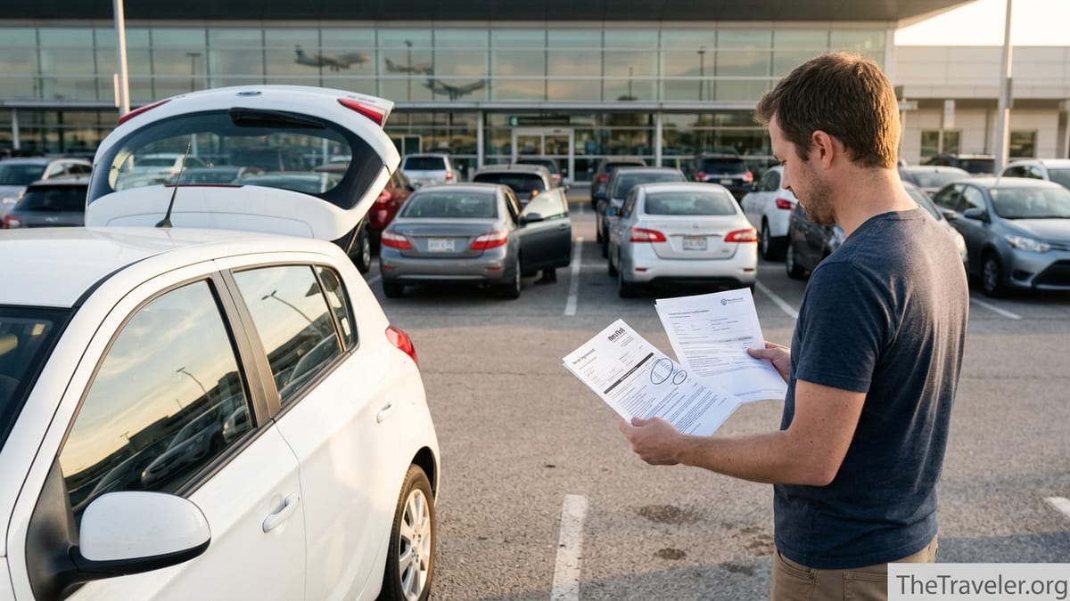 Traveler comparing rental desk paperwork and insurance documents beside a rental car at an airport lot.