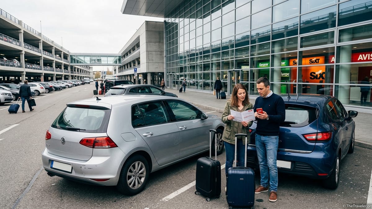 Travelers comparing rental car insurance options outside an airport car rental facility.