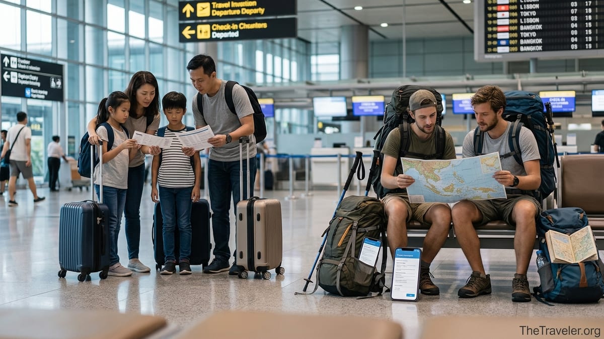 Family travelers and backpackers side by side in a busy airport departure hall.