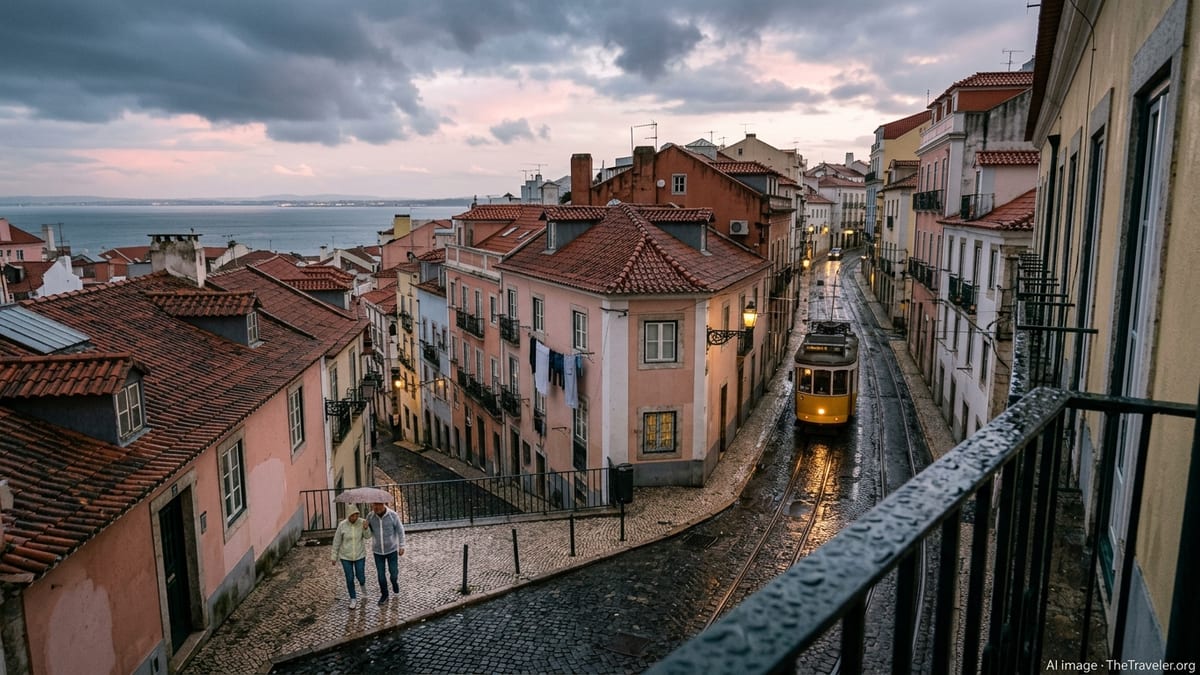 Rain-soaked Lisbon street in Alfama at dusk with tram and stormy sky.