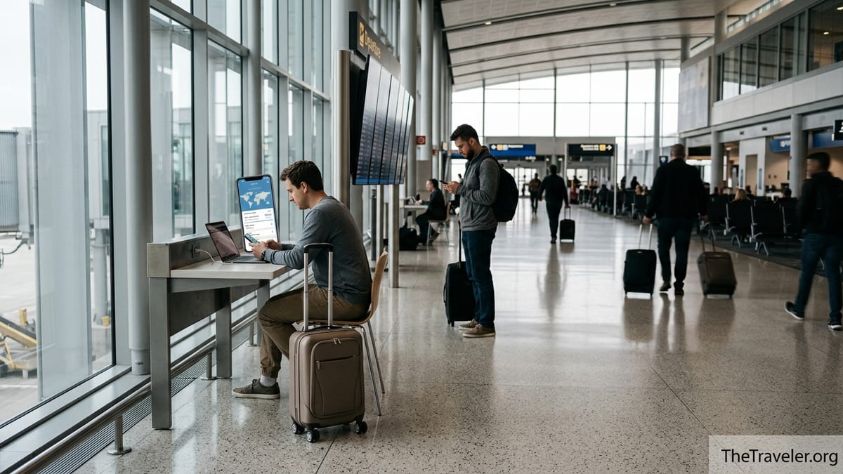 Traveler comparing eSIM apps on a phone in a bright airport departure hall.