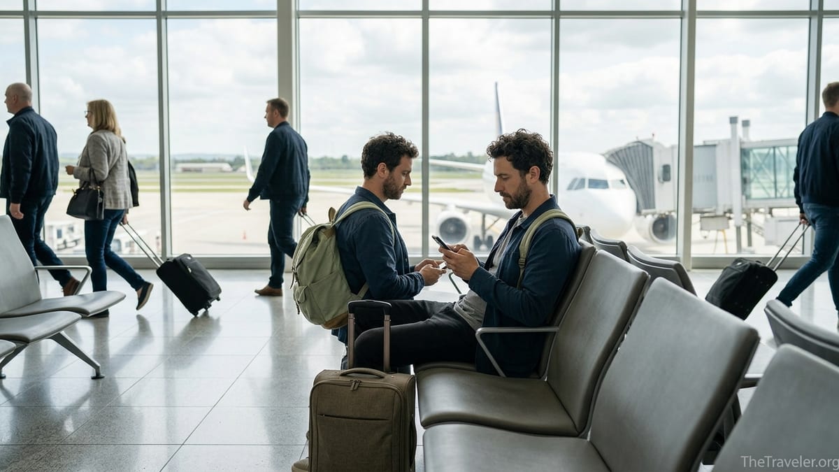 Traveler in an airport terminal activating mobile data on a smartphone before an international flight.
