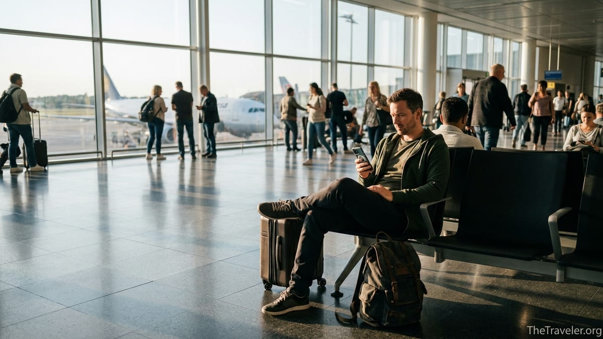 Traveler using a smartphone eSIM while waiting at an airport departure gate.