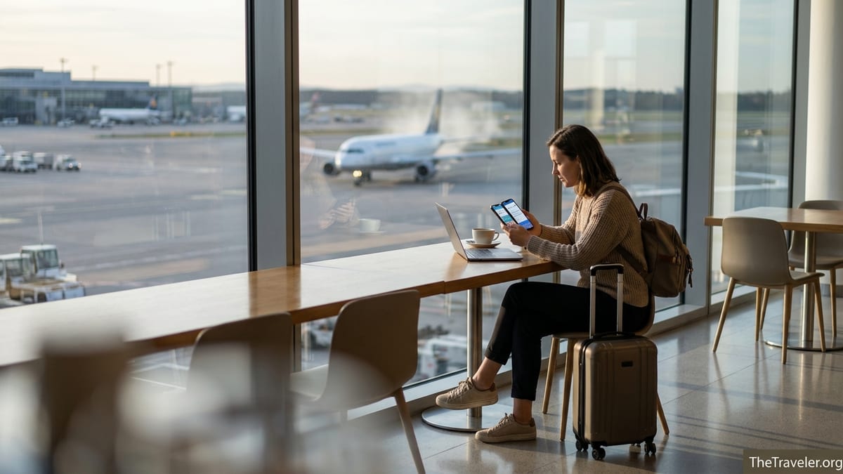 Traveler comparing eSIM apps on a phone in an airport lounge at sunset