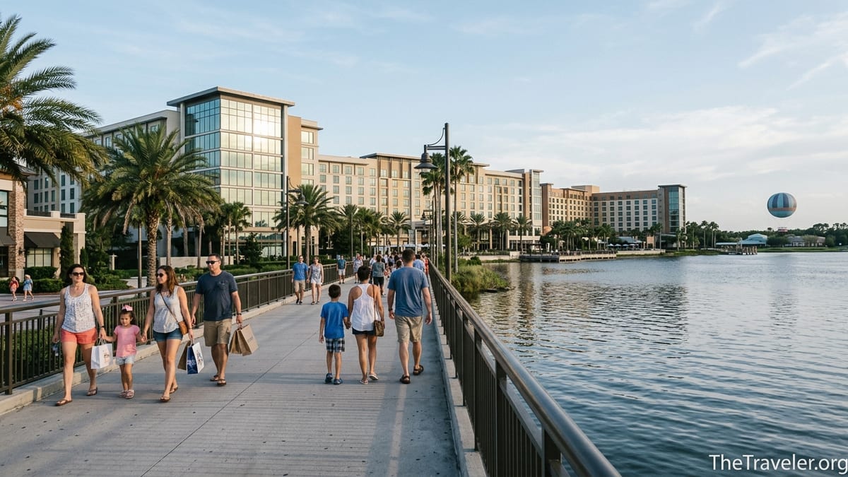 Resort hotels and palm-lined walkway near Disney Springs at sunset.