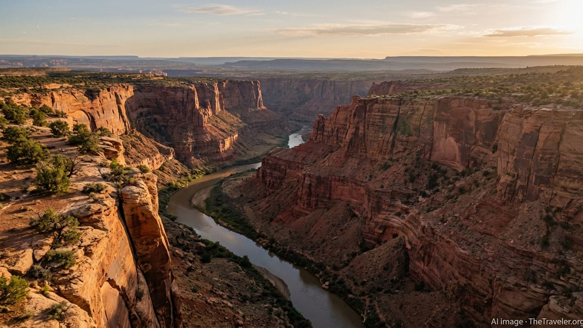 Wide view of a winding red-rock canyon at golden hour with a river far below.
