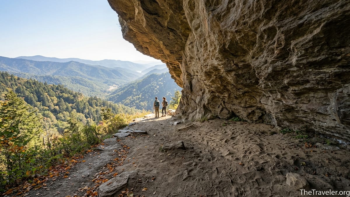 Hikers standing beneath Alum Cave Bluffs overlooking layered ridges in Great Smoky Mountains National Park.