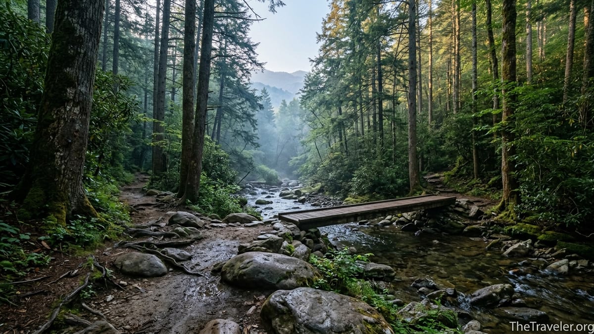 Early-morning light on a quiet Alum Cave Trail footbridge in the Smoky Mountains.