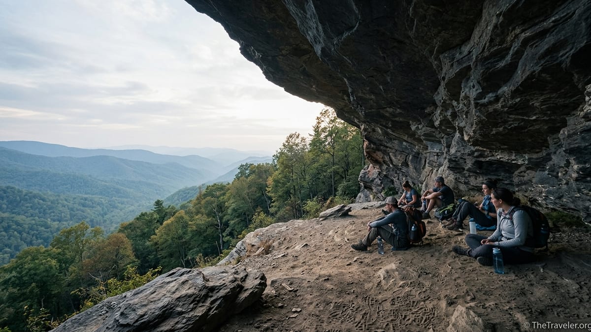 Hikers resting beneath Alum Cave Bluffs, looking out over forested Smoky Mountain ridges at dawn.