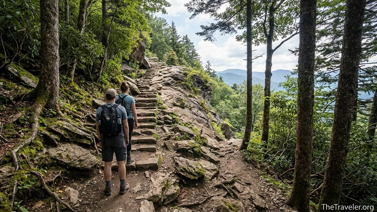 Hikers climbing a steep rocky section of Alum Cave Trail toward the bluffs in Great Smoky Mountains National Park.