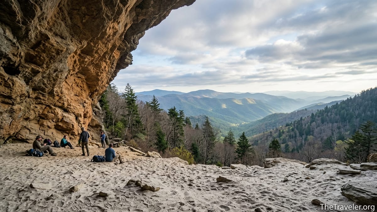 Hikers resting under Alum Cave Bluffs with layered Smoky Mountain ridges in the distance.