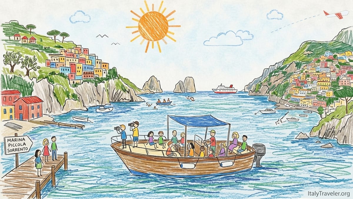 View of Positano’s cliffs and houses from the bow of a small boat on the Amalfi Coast.