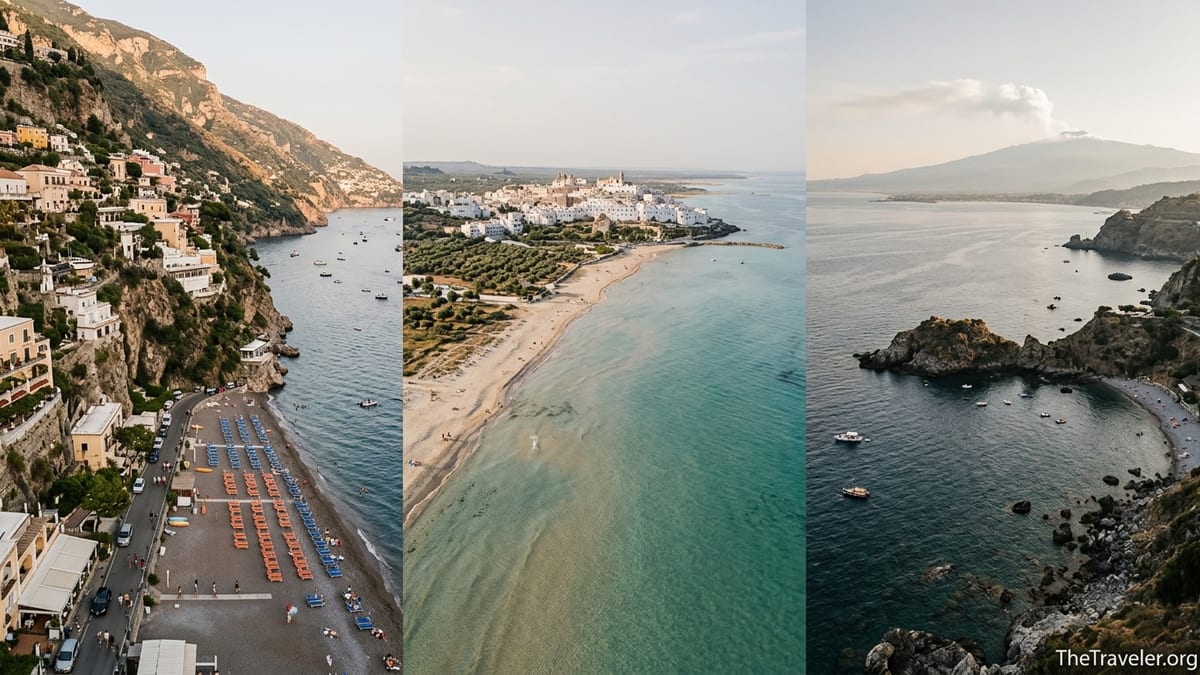 Aerial view of Amalfi Coast, Puglia and Sicilian shorelines contrasted at golden hour.
