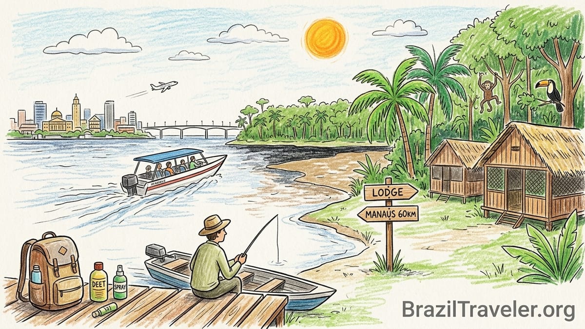 Motorboat arriving at a wooden jungle lodge dock on an Amazon river near Manaus at sunset.
