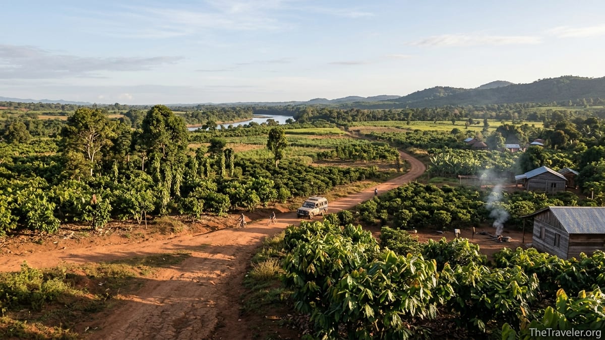 Sunrise over cacao plantations and villages in the Sambirano Valley near Ambanja, Madagascar.