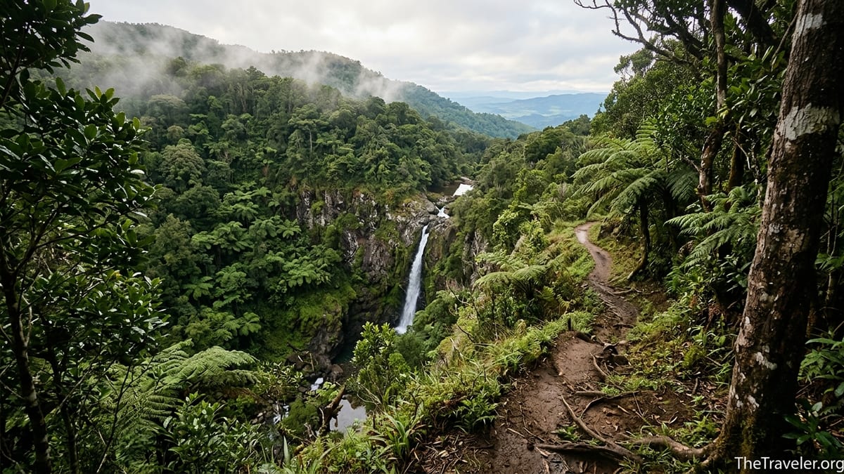 Rainforest waterfall and lush green gorge along a hiking trail in Amber Mountain National Park.