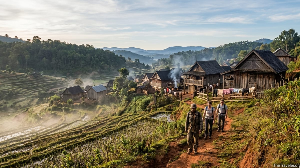 Highland village of Antoetra with carved wooden houses and trekkers on a red earth path at sunrise near Ambositra, Madagascar