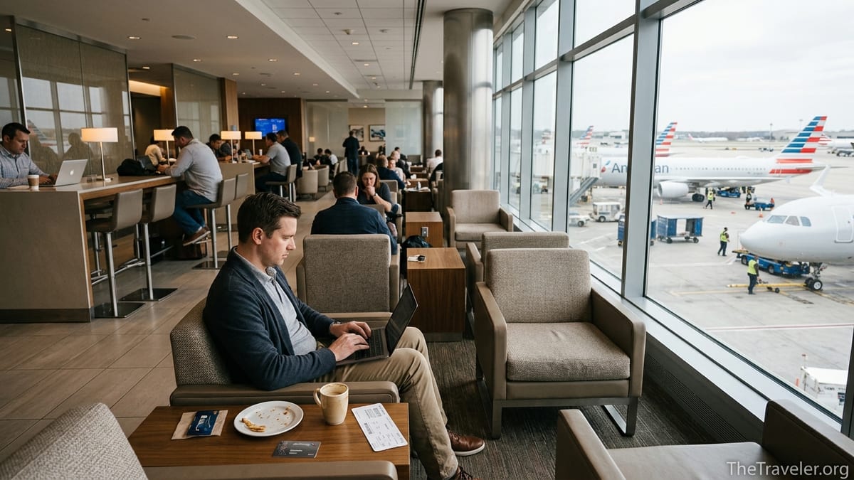 Traveler working in an American Airlines Admirals Club lounge with jets on the tarmac outside.