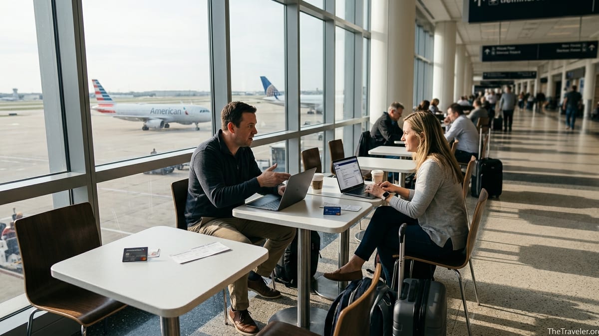 Travelers in a modern airport terminal comparing American and United credit cards by large windows.