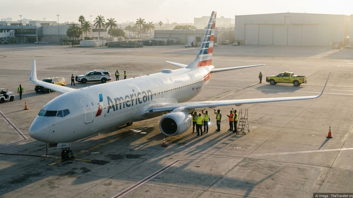 American Airlines 737 MAX 8 on the Miami ramp as technicians and security staff inspect its right wing.