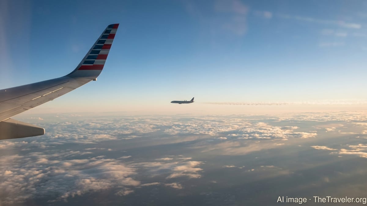 American Airlines jet wing over clouds with a distant aircraft leaving a faint, broken contrail in a clear golden-hour sky.